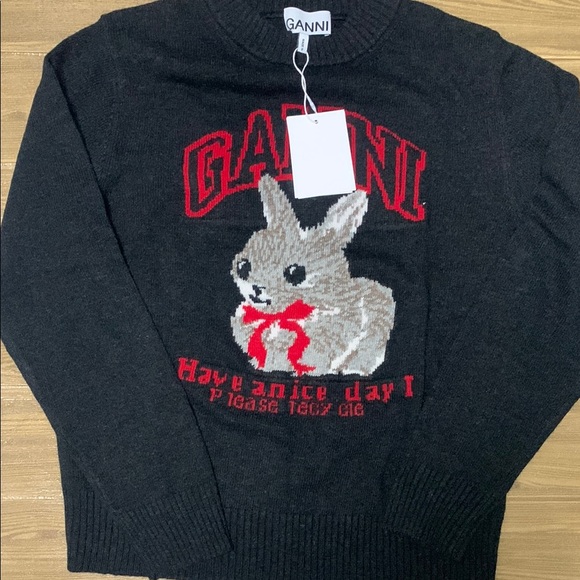 GANNI Charcoal Sweater with Red Bunny Design